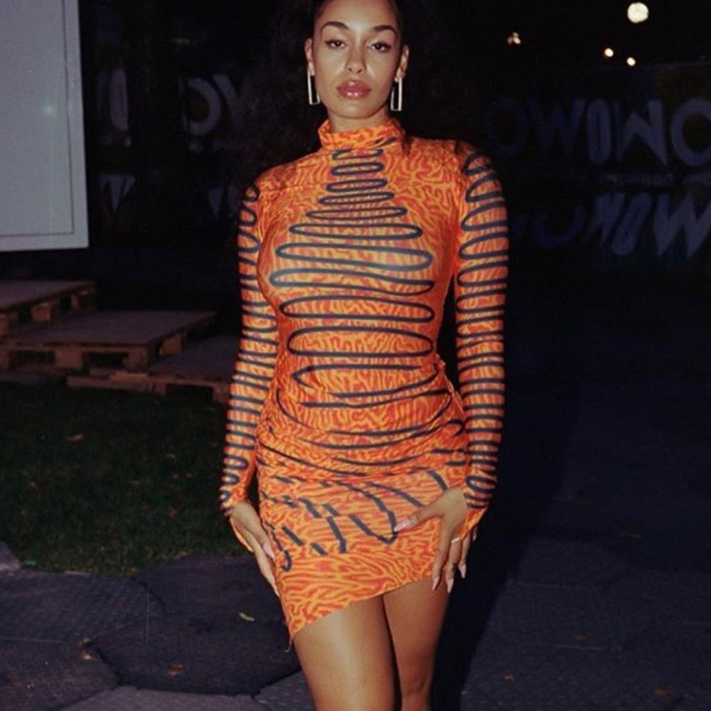 Maisie Wilen orange ruched printed stretch jersey turtleneck dress